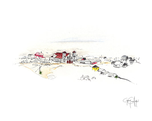 Dessin du village de Bassin aux Iles de la Madeleine de Guy Cauffopé