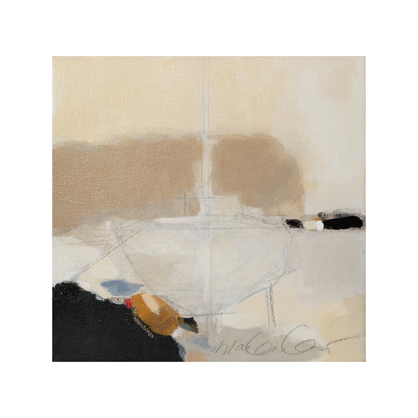 Œuvre d’art de Marlène Devost représentant une barque aux Iles de la Madeleine dans les tons de beiges