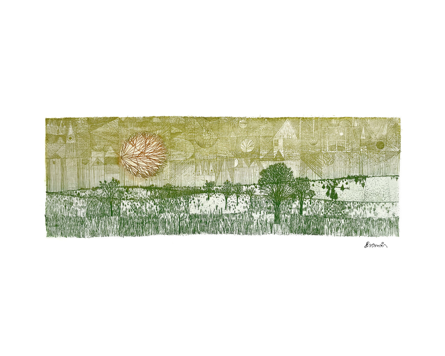 Œuvre d’art à l’eau forte verte de Paul Livernois représentant un pré avec champs et arbres l’été