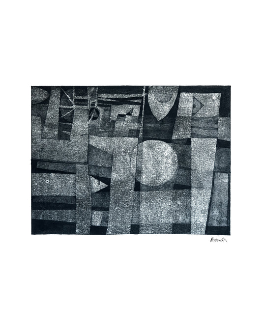 Œuvre d’art monotype noir et blanc de Paul Livernois noir et blanc représentant arbres, maisons et soleil