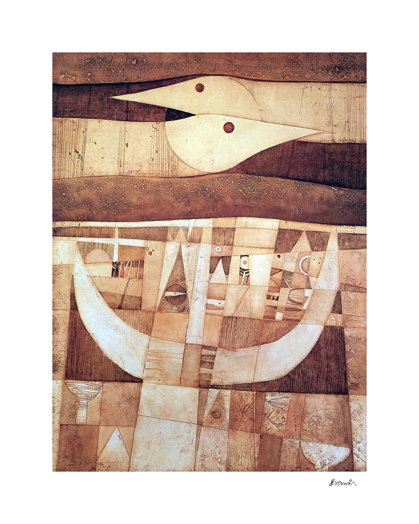 Œuvre d’art ocre de Paul Livernois représentant des oiseaux