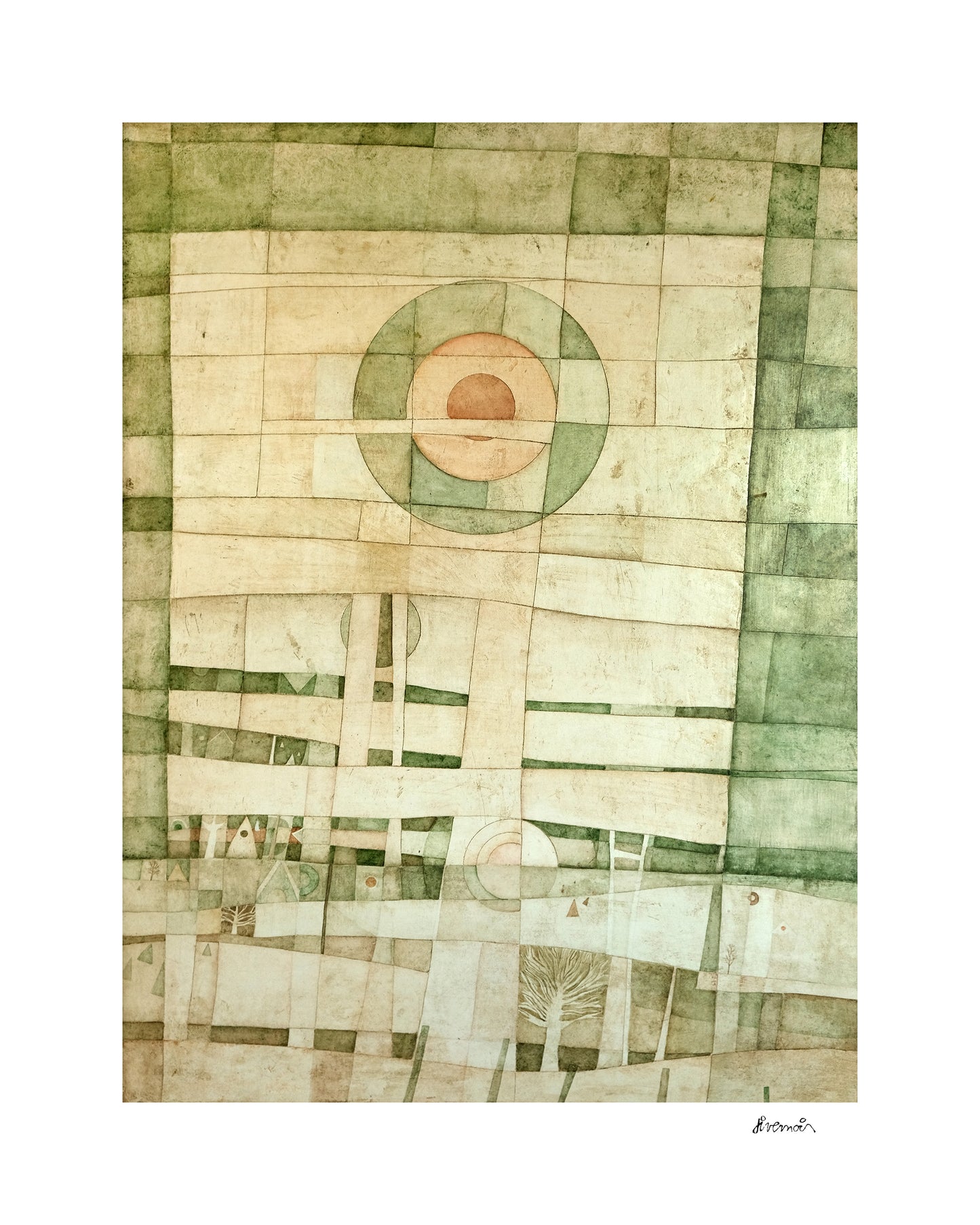 Œuvre d’art de Paul Livernois verte représentant arbres, maisons et soleil