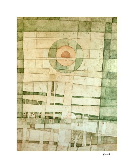 Œuvre d’art de Paul Livernois verte représentant arbres, maisons et soleil