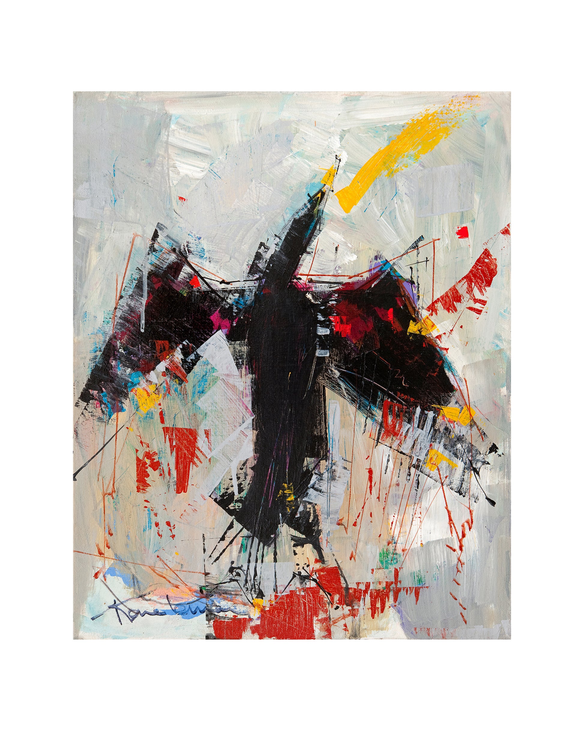 Œuvre d’art de René Lemay représentant un corbeau noir, rouge et jaune