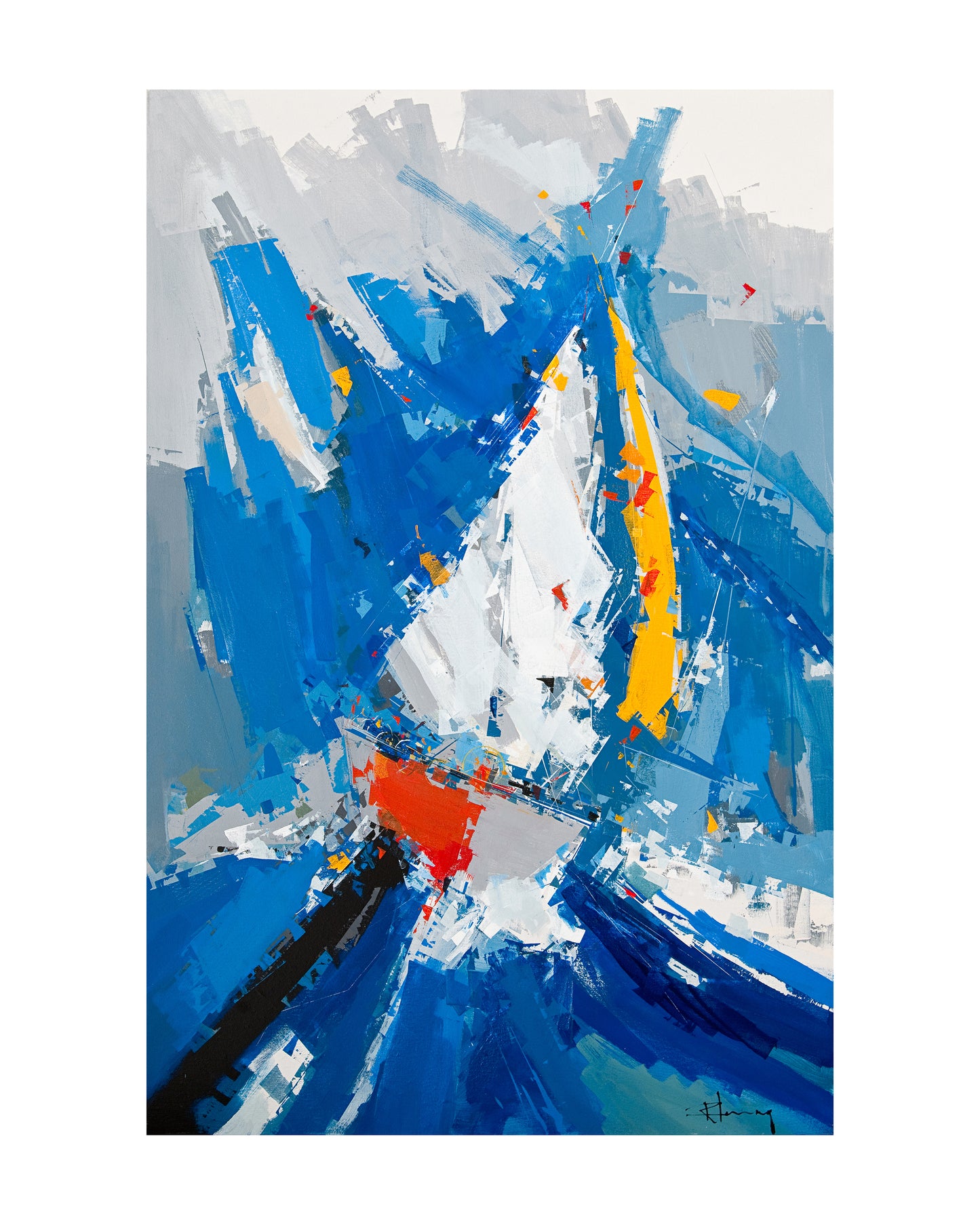 Œuvre d’art de René Lemay représentant un voilier bleu aux Iles de la Madeleine