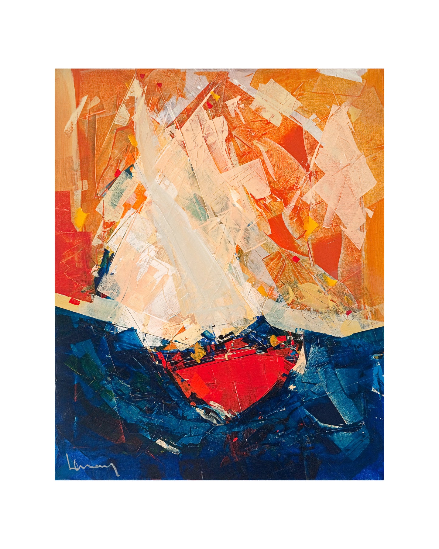 Œuvre d’art de René Lemay représentant un voilier rouge, orange et bleu des Iles de la Madeleine