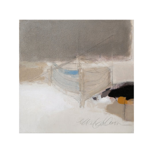 Œuvre d’art de Marlène Devost représentant une barque aux Iles de la Madeleine dans les tons de beige et gris
