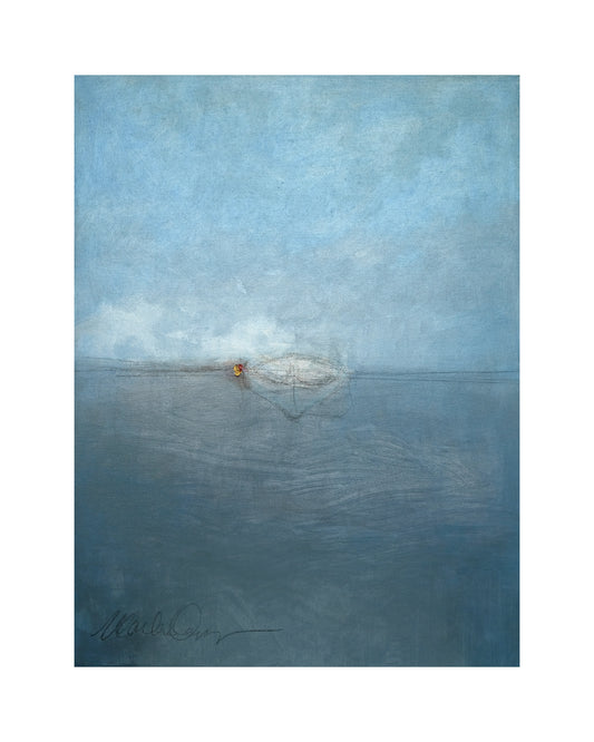 Œuvre d’art de Marlène Devost représentant une barque dans l'immensité du bleu de la mer et du ciel aux Iles de la Madeleine