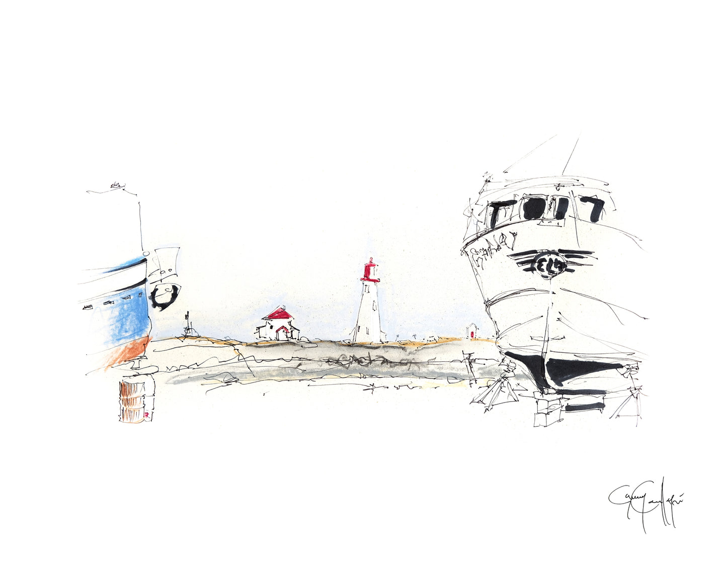 Dessin du port de pêche de Millerand avec bateau et phare aux Iles de la Madeleine de Guy Cauffopé